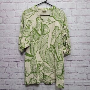 Tropical Leafy Gauze Tunic Dress Womens M Cottage Cover Up Coastal Boho Vacation